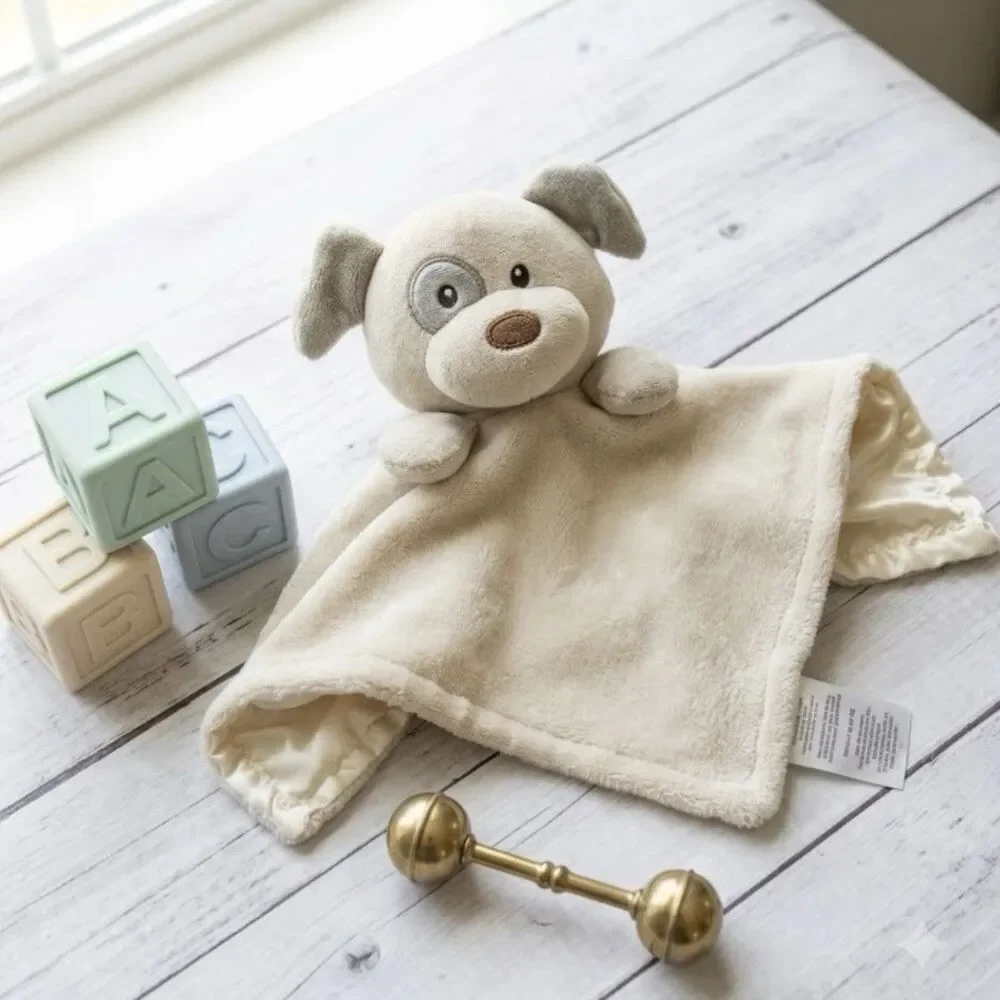 Carter’s Puppy Dog Lovey Tan Beige Plush Stuff Baby Security Blanket Satin Back